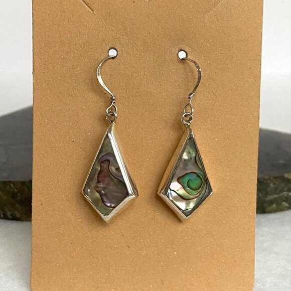 Sterling Silver 925 1.68" Kite Shaped Abalone Shell Inlay Dangle Earrings - Picture 12 of 16